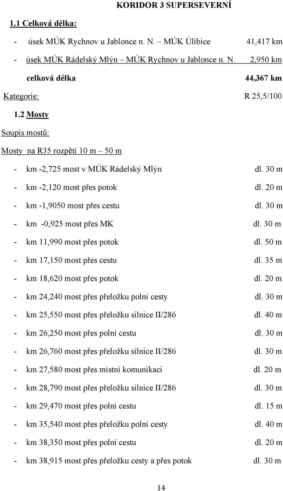 30 m - km -0,925 most přes MK dl. 30 m - km 11,990 most přes potok dl. 50 m - km 17,150 most přes cestu dl. 35 m - km 18,620 most přes potok dl. 20 m - km 24,240 most přes přeložku polní cesty dl.