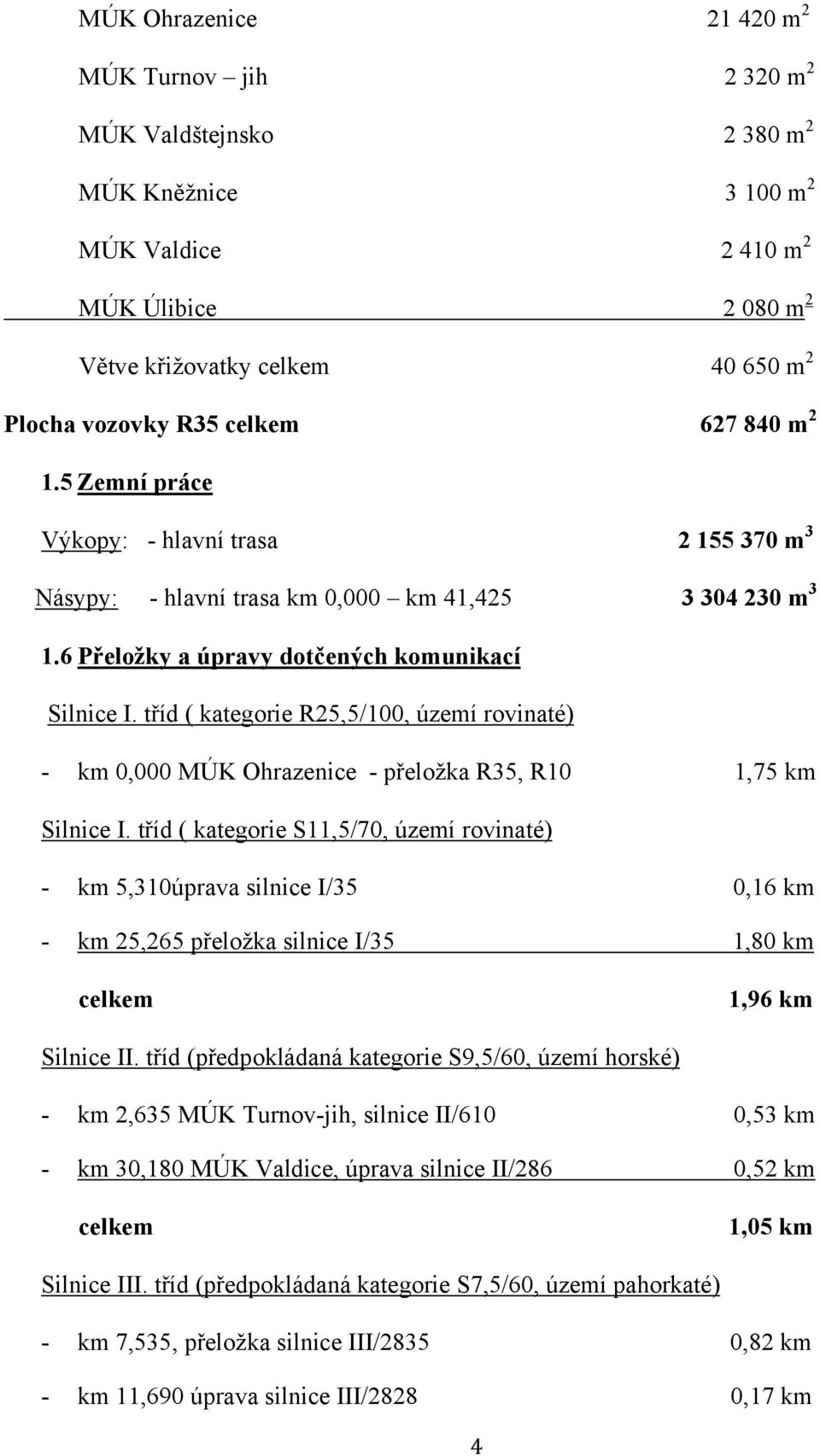 tříd ( kategorie R25,5/100, území rovinaté) - km 0,000 MÚK Ohrazenice - přeložka R35, R10 1,75 km Silnice I.