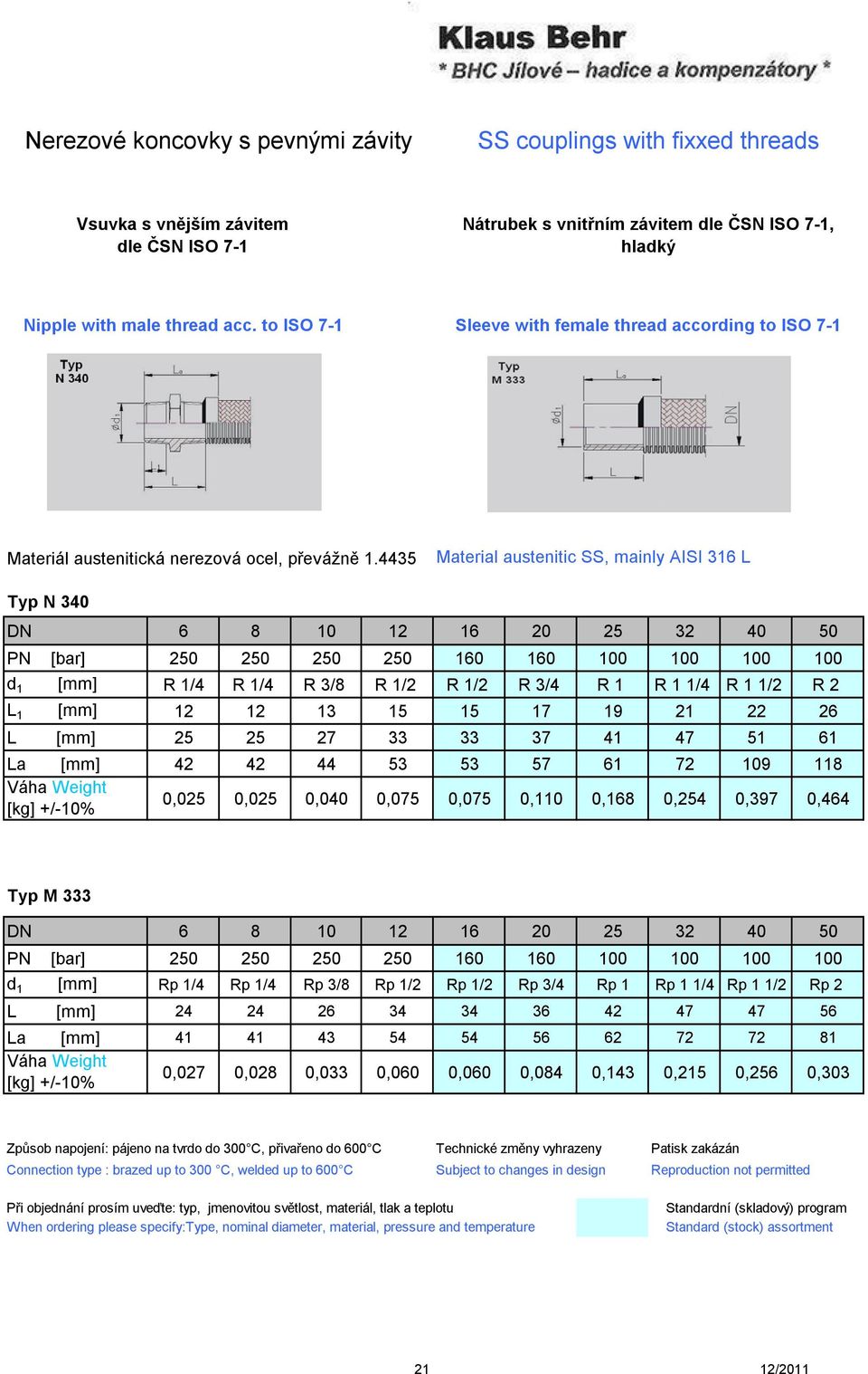 4435 Material austenitic SS, mainly AISI 316 L Typ N 340 L 1 [mm] 12 12 13 15 15 17 19 21 22 26 L [mm] 25 25 27 33 33 37 41 47 51 61 La [mm] 42 42 44 53 53 57 61 72 109