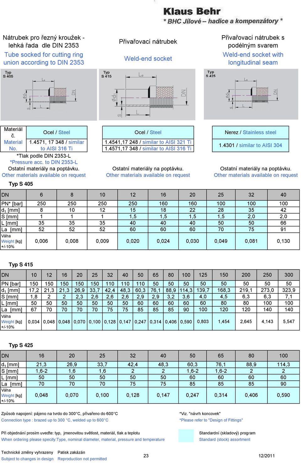 Other materials available on request Typ S 405 Ocel / Steel 1.4541,17 248 / similar to AISI 321 Ti 1.4571,17 348 / similar to AISI 316 Ti Ostatní materiály na poptávku.