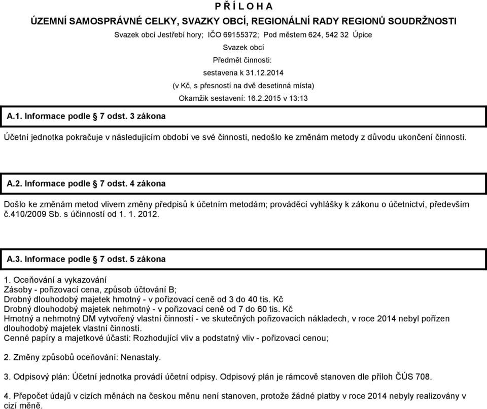 3 zákona Účetní jednotka pokračuje v následujícím období ve své činnosti, nedošlo ke změnám metody z důvodu ukončení činnosti. A.2. Informace podle 7 odst.