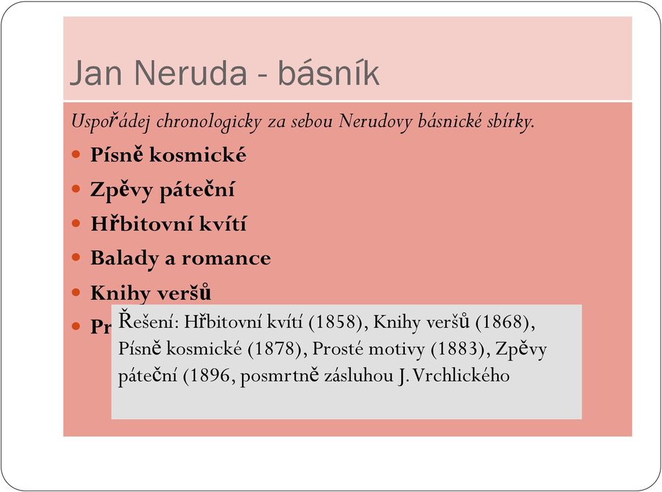 Řešení: Hřbitovní kvítí (1858), Knihy veršů (1868), Písně kosmické (1878),