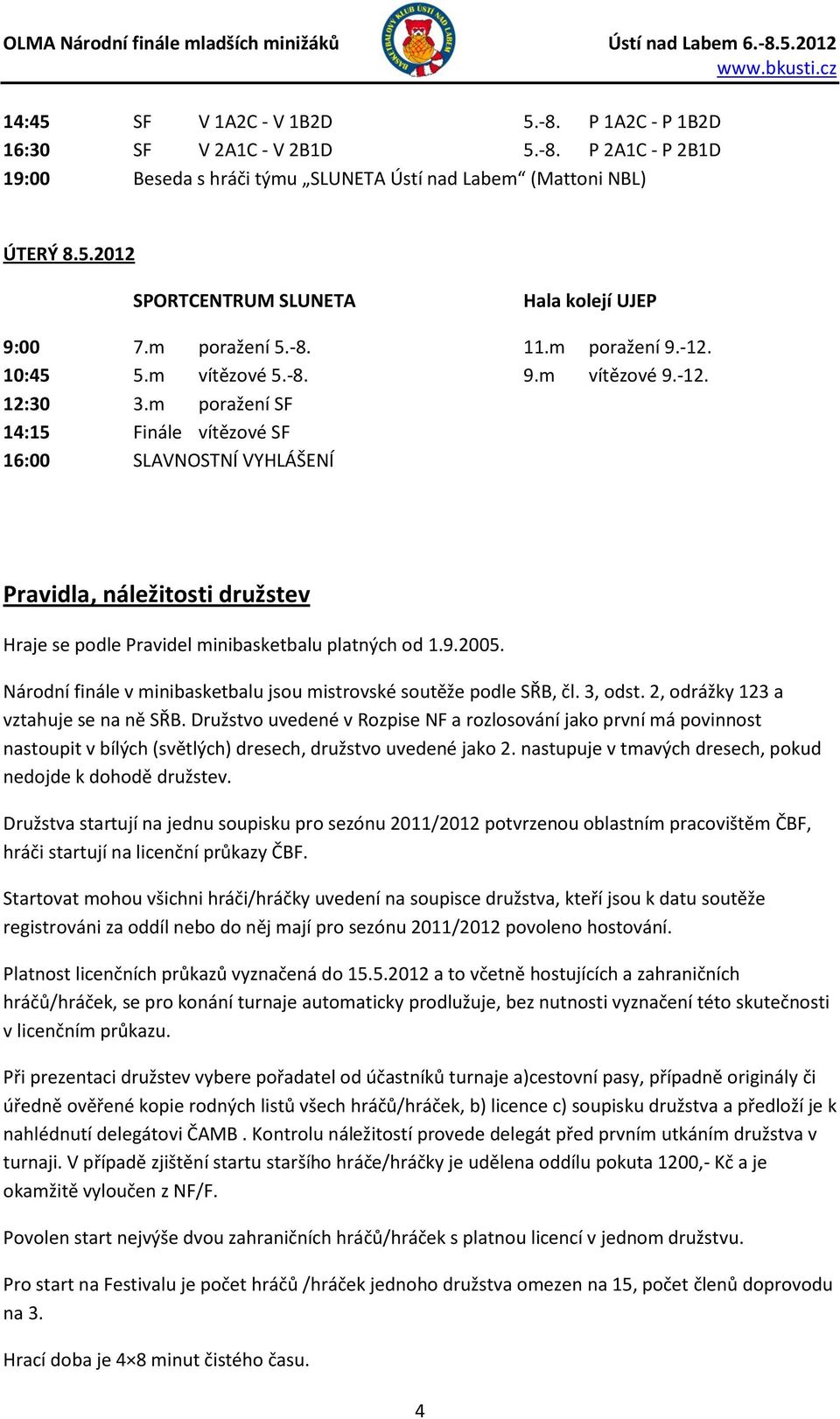 m poražení SF 14:15 Finále vítězové SF 16:00 SLAVNOSTNÍ VYHLÁŠENÍ Pravidla, náležitosti družstev Hraje se podle Pravidel minibasketbalu platných od 1.9.2005.