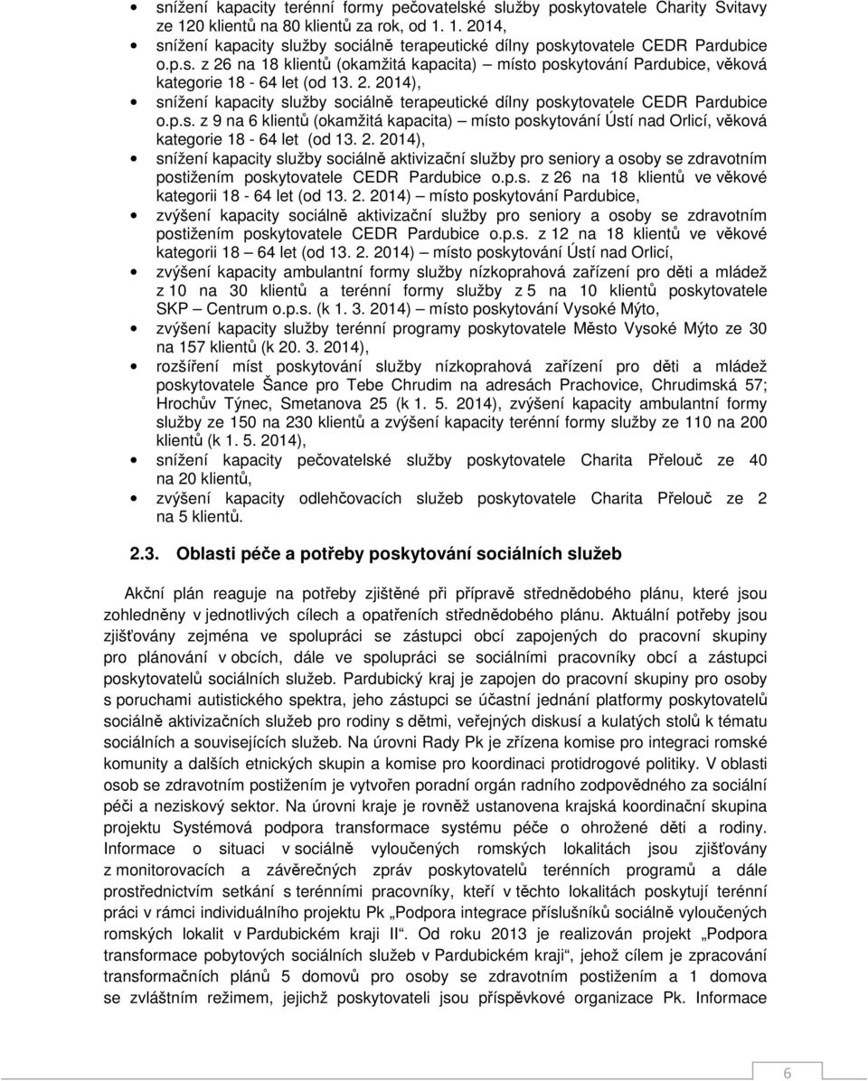 p.s. z 9 na 6 klientů (okamžitá kapacita) místo poskytování Ústí nad Orlicí, věková kategorie 18-64 let (od 13. 2.