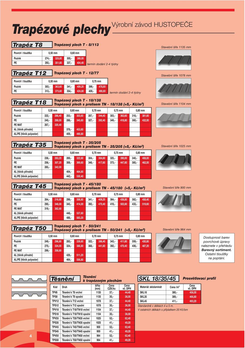 Stavební šíře 1078 mm Trapéz T18 Trapéz T45 Trapézový plech T - 45/180 Trapézový plech s prolisem TN - 45/180 (+5,- Kč/m 2 ) \ tloušťka 0,50 mm 0,60 mm 0,70 mm 0,75 mm 0,80 mm Pozink 264,- 316,80