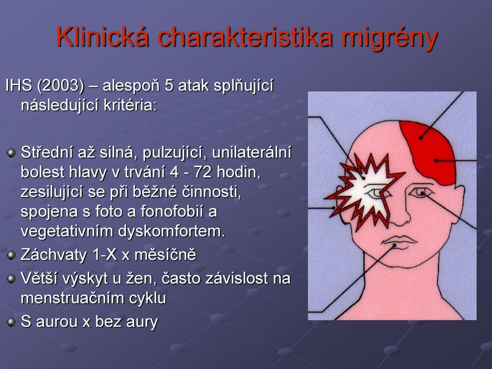 zesilující se při běžné činnosti, spojena s foto a fonofobií a vegetativním dyskomfortem.