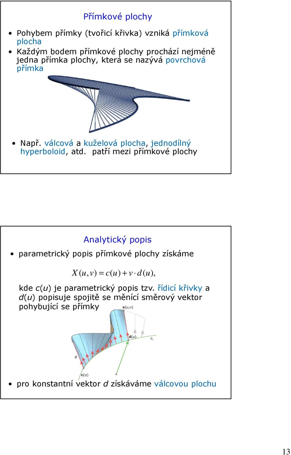 patří mezi přímkové plochy Analytický popis parametrický popis přímkové plochy získáme X ( u, v) = c( u) + v d( u), kde c(u) je