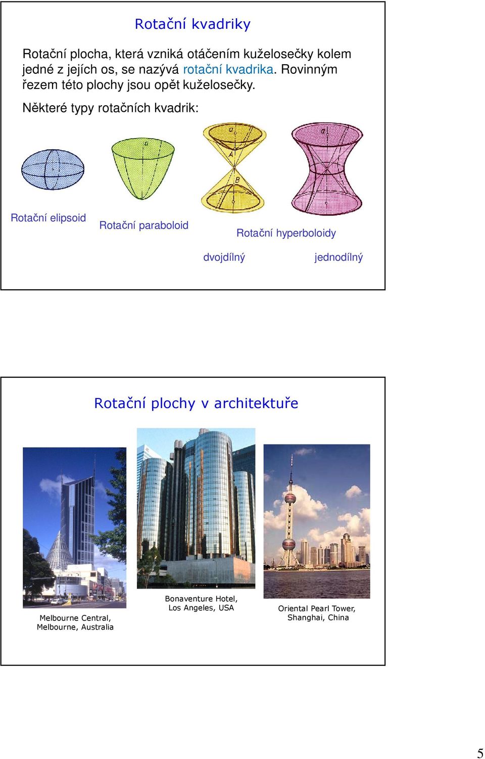Některé typy rotačních kvadrik: Rotační elipsoid Rotační paraboloid Rotační hyperboloidy dvojdílný