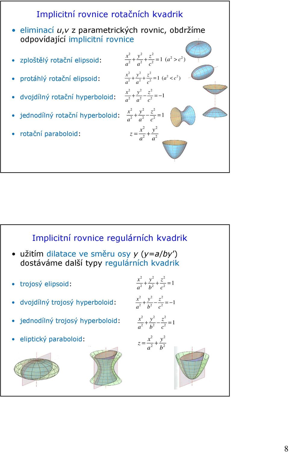 y z a a c + = 1 x y z = + a a 2 2 2 2 Implicitní rovnice regulárních kvadrik užitím dilatace ve směru osy y(y=a/by ) dostáváme další typy regulárních kvadrik trojosý