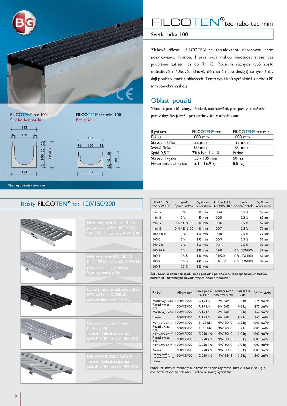 FILCOTEN tec 100 FILCOTEN tec mini 100 S nebo bez spádu Bez spádu Oblasti použití Vhodné pro pěší zóny, náměstí, sportoviště, pro parky, a zařízení pro volný čas jakož i pro parkoviště osobních aut.
