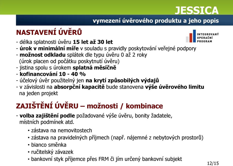 - v závislosti na absorpční kapacitě bude stanovena výše úvěrového limitu na jeden projekt ZAJIŠTĚNÍ ÚVĚRU možnosti / kombinace - volba zajištění podle požadované výše úvěru, bonity žadatele,