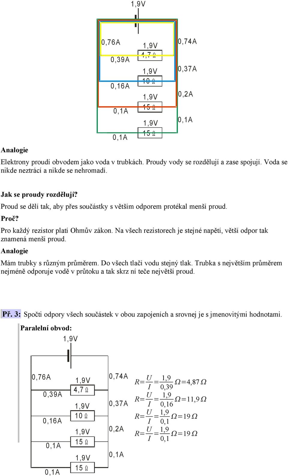 Na všech rezistorech je stejné napětí, větší odpor tak znamená menší proud. Analogie Mám trubky s různým průměrem. Do všech tlačí vodu stejný tlak.