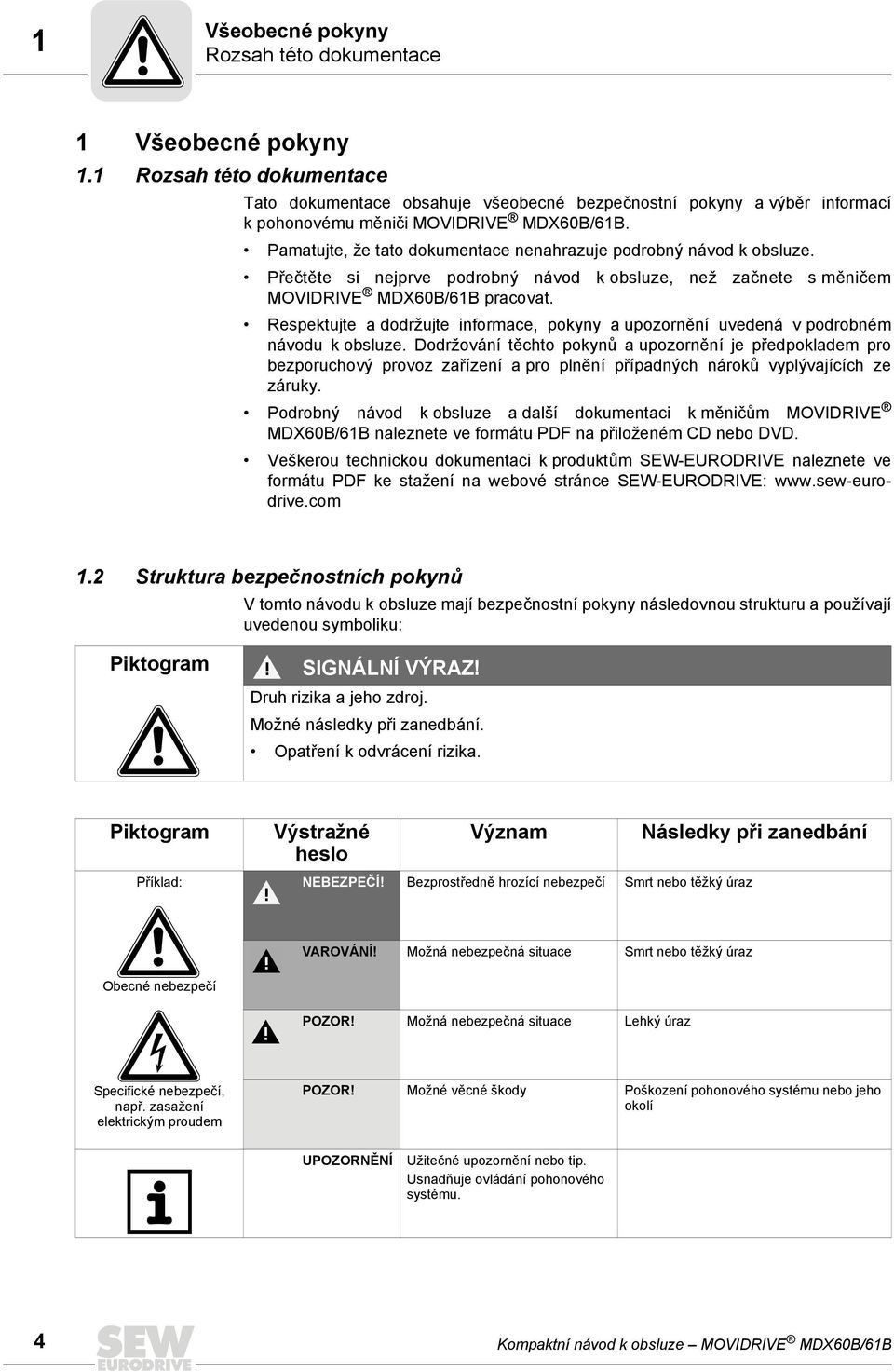 Pamatujte, že tato dokumentace nenahrazuje podrobný návod k obsluze. Přečtěte si nejprve podrobný návod k obsluze, než začnete s měničem MOVIDRIVE MDX60B/61B pracovat.
