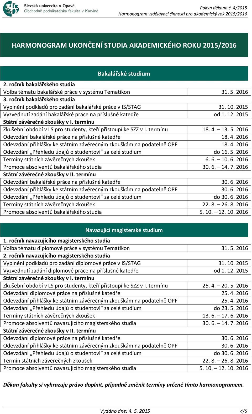 termínu Zkušební období v LS pro studenty, kteří přistoupí ke SZZ v I. termínu 18. 4. 13. 5. 2016 Odevzdání bakalářské práce na příslušné katedře 18. 4. 2016 Odevzdání přihlášky ke státním závěrečným zkouškám na podatelně OPF 18.