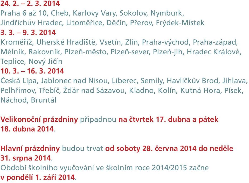 2014 Česká Lípa, Jablonec nad Nisou, Liberec, Semily, Havlíčkův Brod, Jihlava, Pelhřimov, Třebíč, Žďár nad Sázavou, Kladno, Kolín, Kutná Hora, Písek, Náchod, Bruntál Velikonoční