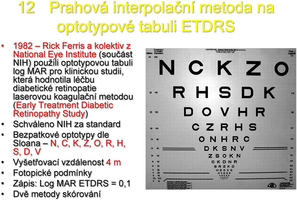 koagulační metodou (Early Treatment Diabetic Retinopathy Study) Schváleno NIH za standard Bezpatkové optotypy dle