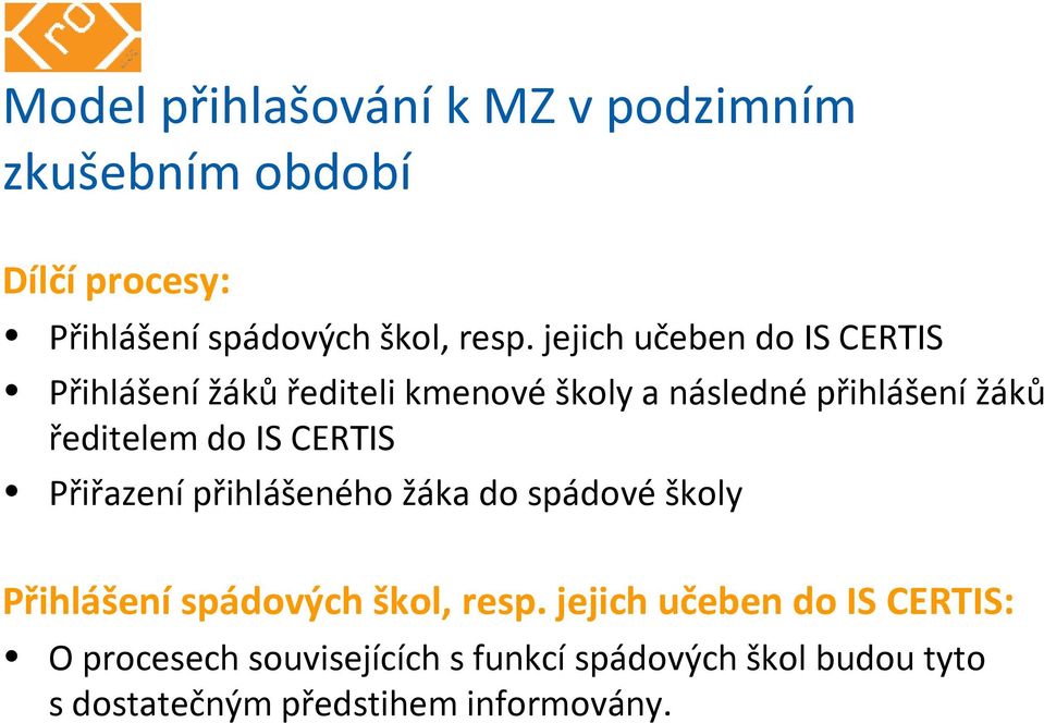 IS CERTIS Přiřazení přihlášeného žáka do spádové školy Přihlášení spádových škol, resp.