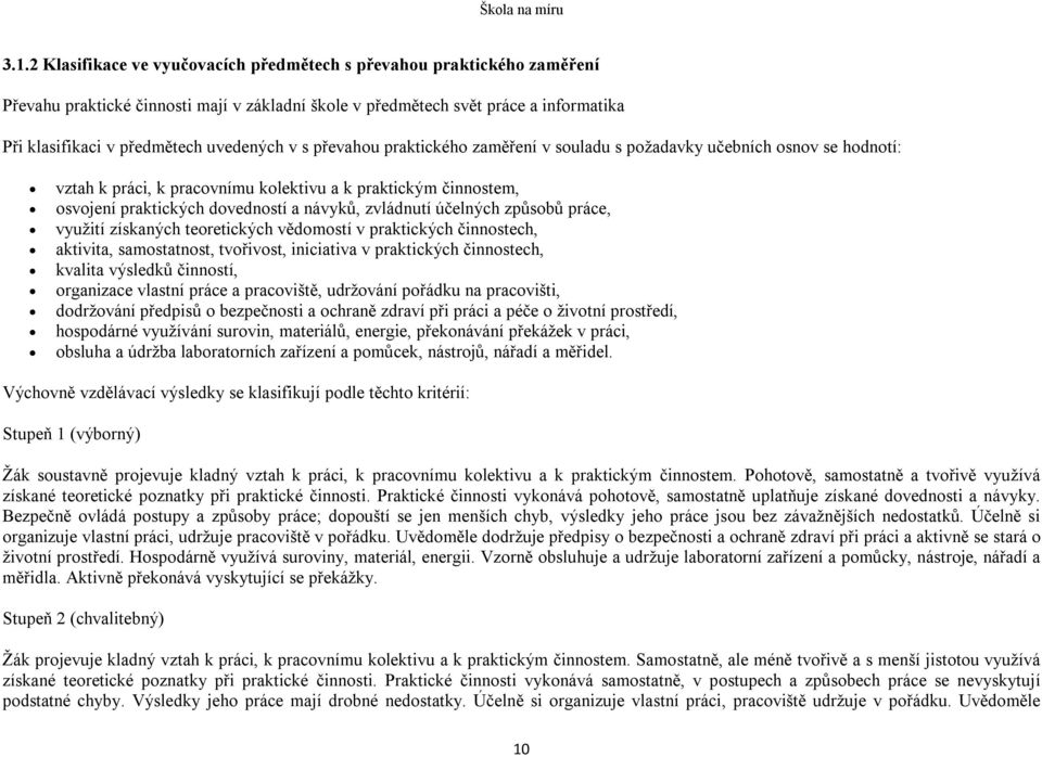 zvládnutí účelných způsobů práce, využití získaných teoretických vědomostí v praktických činnostech, aktivita, samostatnost, tvořivost, iniciativa v praktických činnostech, kvalita výsledků činností,