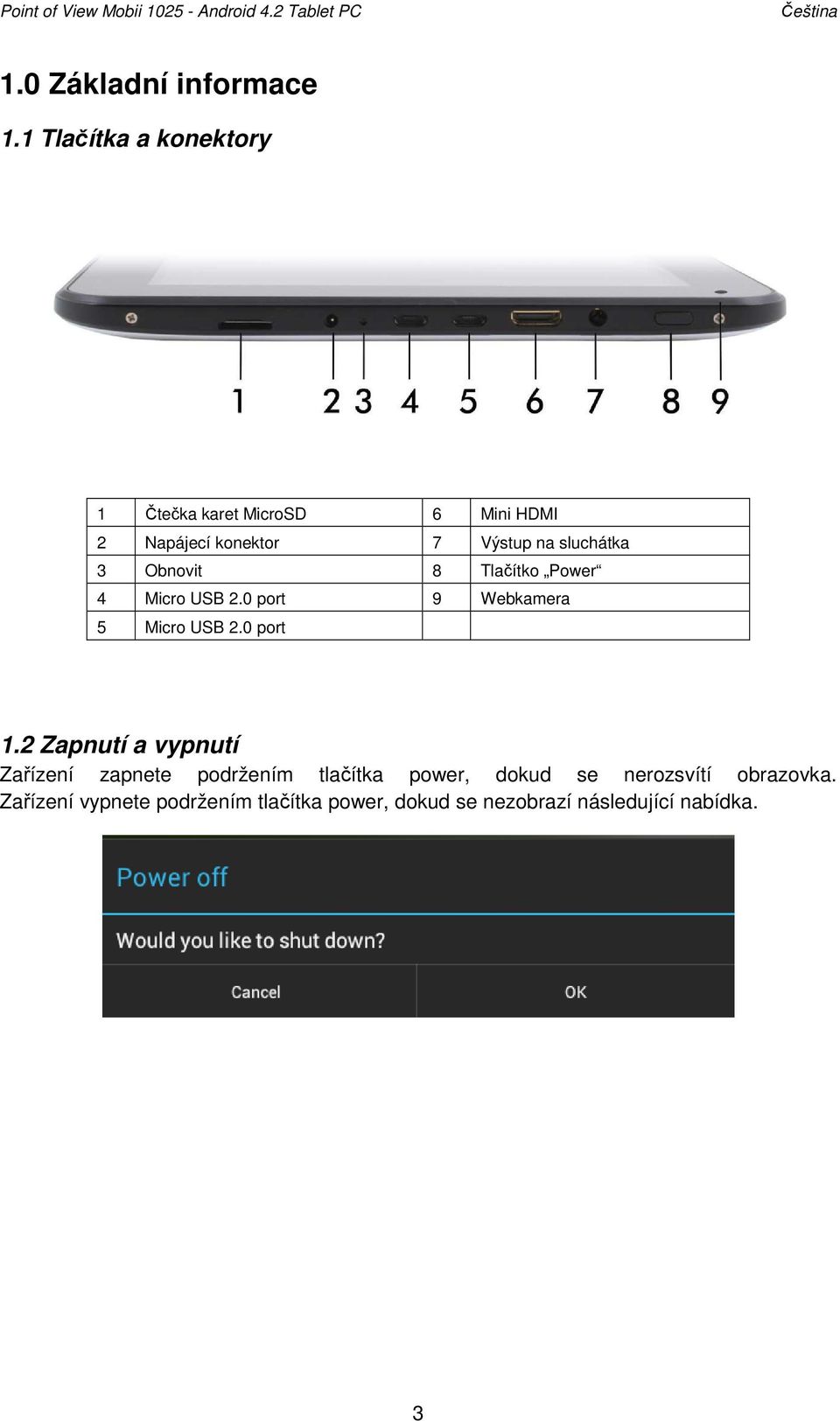 sluchátka 3 Obnovit 8 Tlačítko Power 4 Micro USB 2.0 port 9 Webkamera 5 Micro USB 2.0 port 1.