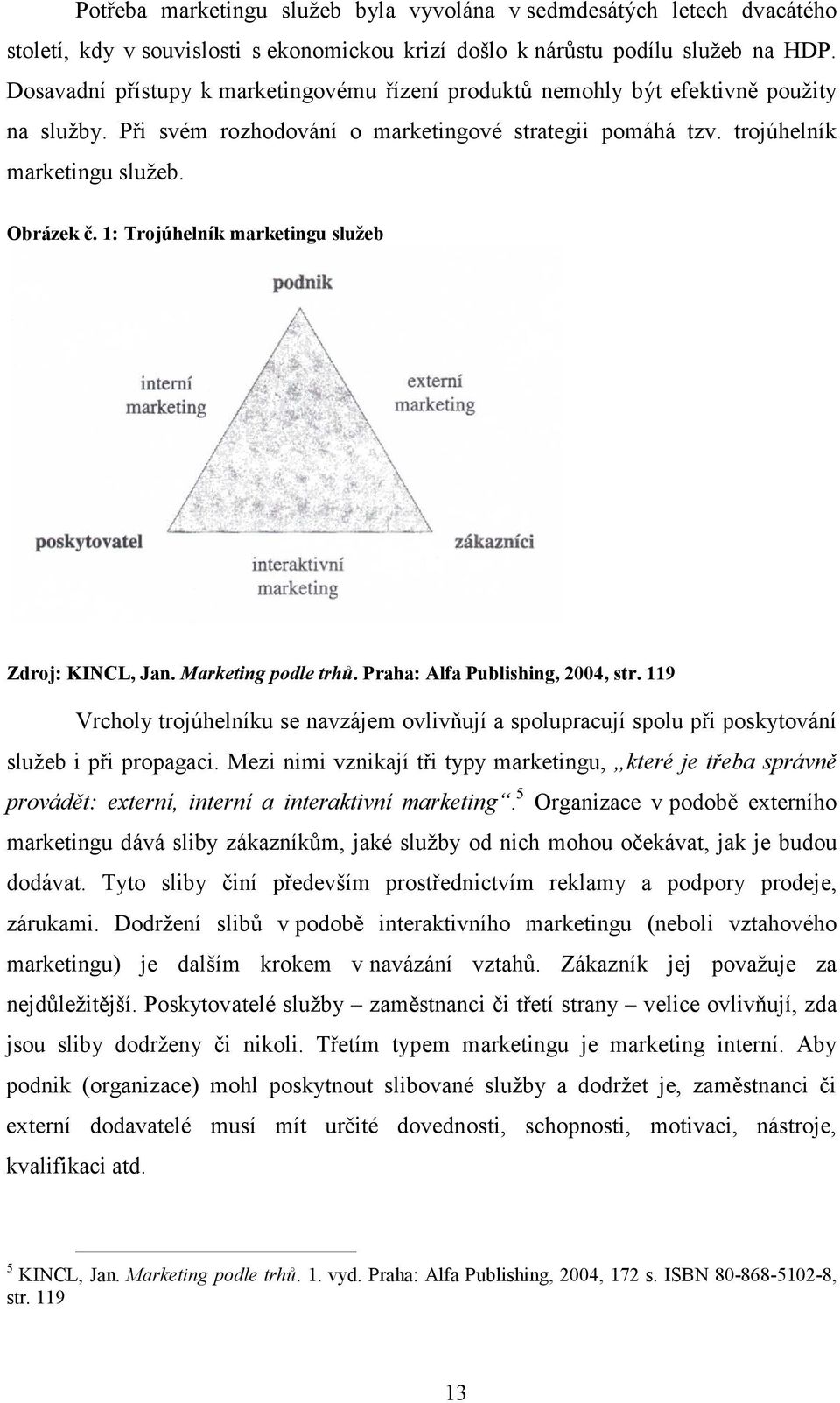 1: Trojúhelník marketingu služeb Zdroj: KINCL, Jan. Marketing podle trhů. Praha: Alfa Publishing, 2004, str.