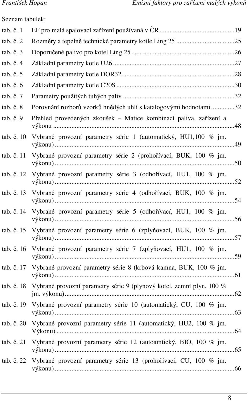 ..32 Přehled provedených zkoušek Matice kombinací paliva, zařízení a výkonu...48 tab. č. 10 Vybrané provozní parametry série 1 (automatický, HU1,100 % jm. výkonu)...49 tab. č. 11 Vybrané provozní parametry série 2 (prohořívací, BUK, 100 % jm.