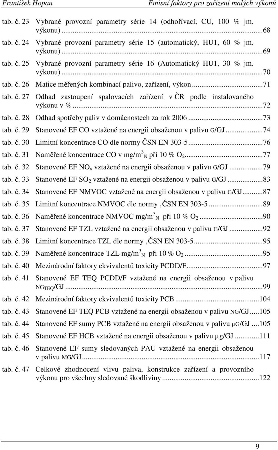 ..73 tab. č. 29 Stanovené EF CO vztažené na energii obsaženou v palivu G/GJ...74 tab. č. 30 Limitní koncentrace CO dle normy ČSN EN 303-5...76 tab. č. 31 Naměřené koncentrace CO v mg/m 3 N při 10 % O 2.