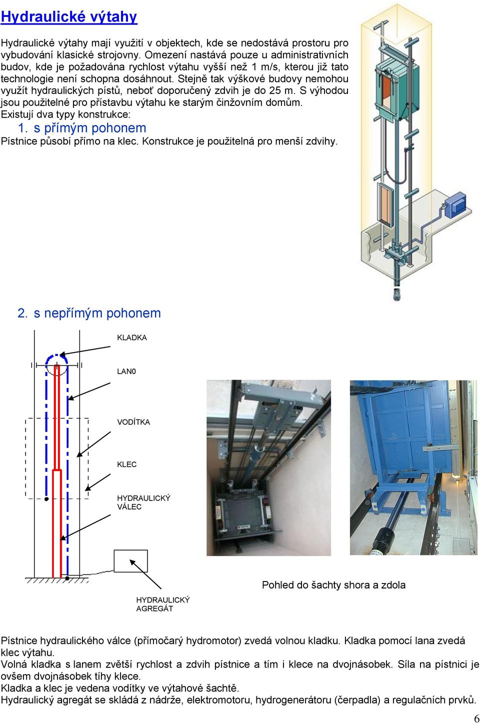Stejně tak výškové budovy nemohou využít hydraulických pístů, neboť doporučený zdvih je do 25 m. S výhodou jsou použitelné pro přístavbu výtahu ke starým činžovním domům.