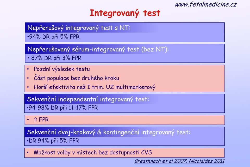 UZ multimarkerový Sekvenční independentní integrovaný test: 94-98% DR při 11-17% FPR FPR Sekvenční dvoj-krokový &