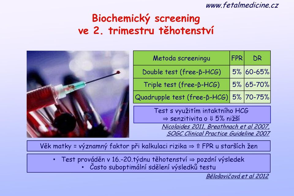 Quadrupple test (free-β-hcg) 5% 70-75% Test s využitím intaktního HCG senzitivita o 5% nižší Nicolaides 2011, Breathnach et al