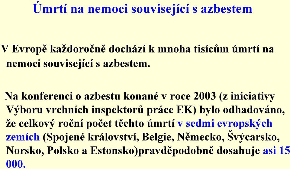 Na konferenci o azbestu konané v roce 2003 (z iniciativy Výboru vrchních inspektorů práce EK) bylo