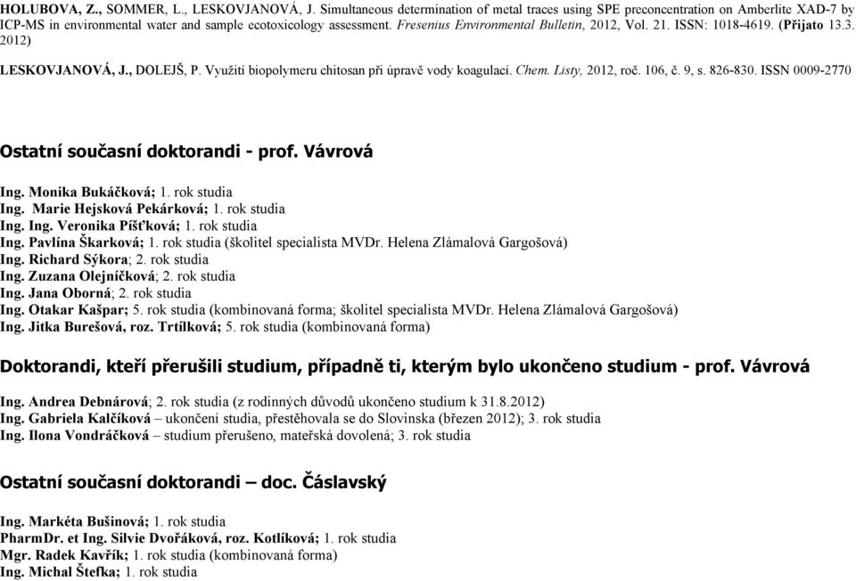 Fresenius Environmental Bulletin, 2012, Vol. 21. ISSN: 1018-4619. (Přijato 13.3. 2012) LESKOVJANOVÁ, J., DOLEJŠ, P. Využití biopolymeru chitosan při úpravě vody koagulací. Chem. Listy, 2012, roč.