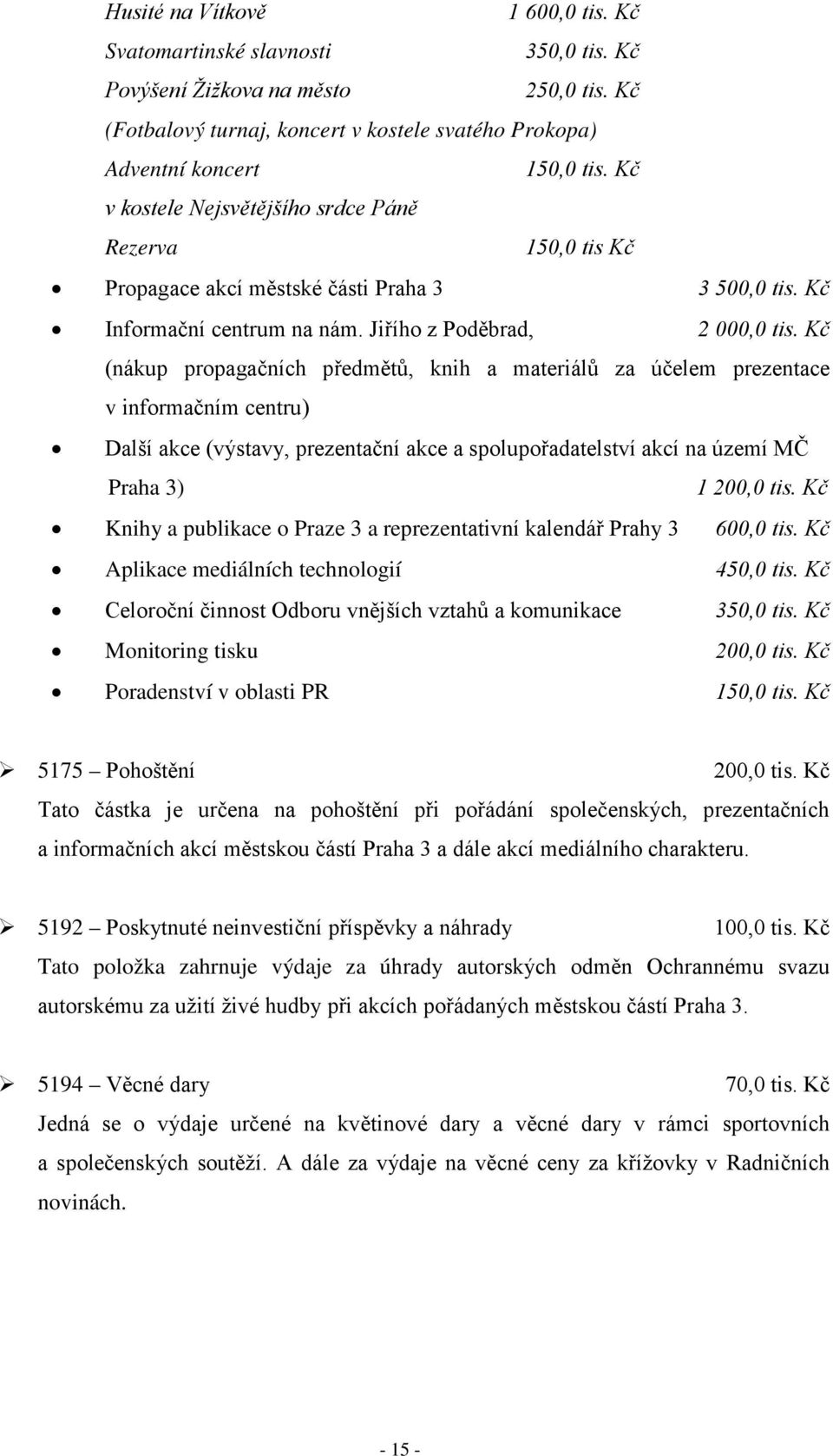 Kč (nákup propagačních předmětů, knih a materiálů za účelem prezentace v informačním centru) Další akce (výstavy, prezentační akce a spolupořadatelství akcí na území MČ Praha 3) 1 200,0 tis.