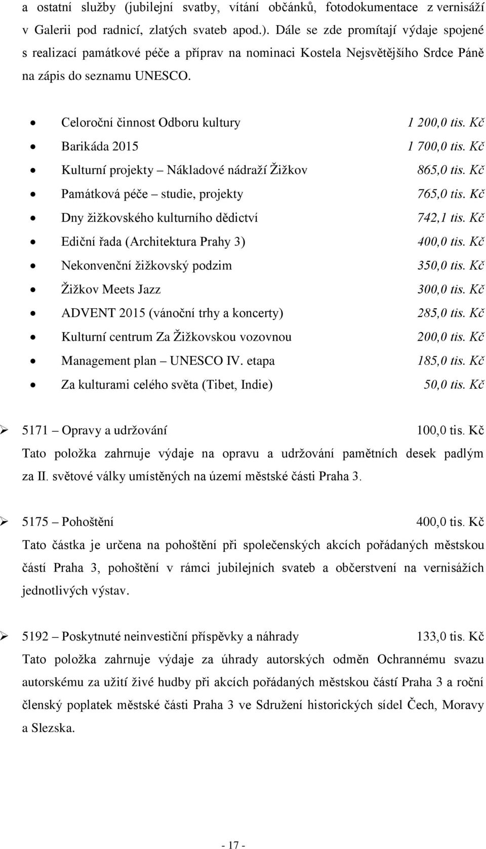 Kč Barikáda 2015 1 700,0 tis. Kč Kulturní projekty Nákladové nádraží Žižkov 865,0 tis. Kč Památková péče studie, projekty 765,0 tis. Kč Dny žižkovského kulturního dědictví 742,1 tis.