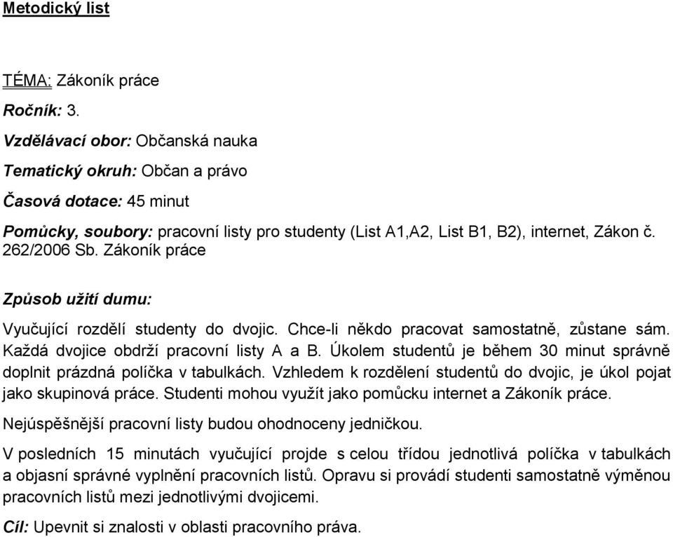 Zákoník práce Způsob užití dumu: Vyučující rozdělí studenty do dvojic. Chce-li někdo pracovat samostatně, zůstane sám. Každá dvojice obdrží pracovní listy A a B.