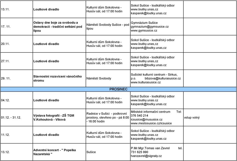 Slavnostní rozsvícení vánočního stromu Náměstí Svobody Sušické kulturní centrum - Sirkus, p.o..cz PROSINEC 04.12. Loutkové divadlo Husův sál, od 17:00 01.12. - 31.12. Výstava fotografií - ZŠ TGM V.