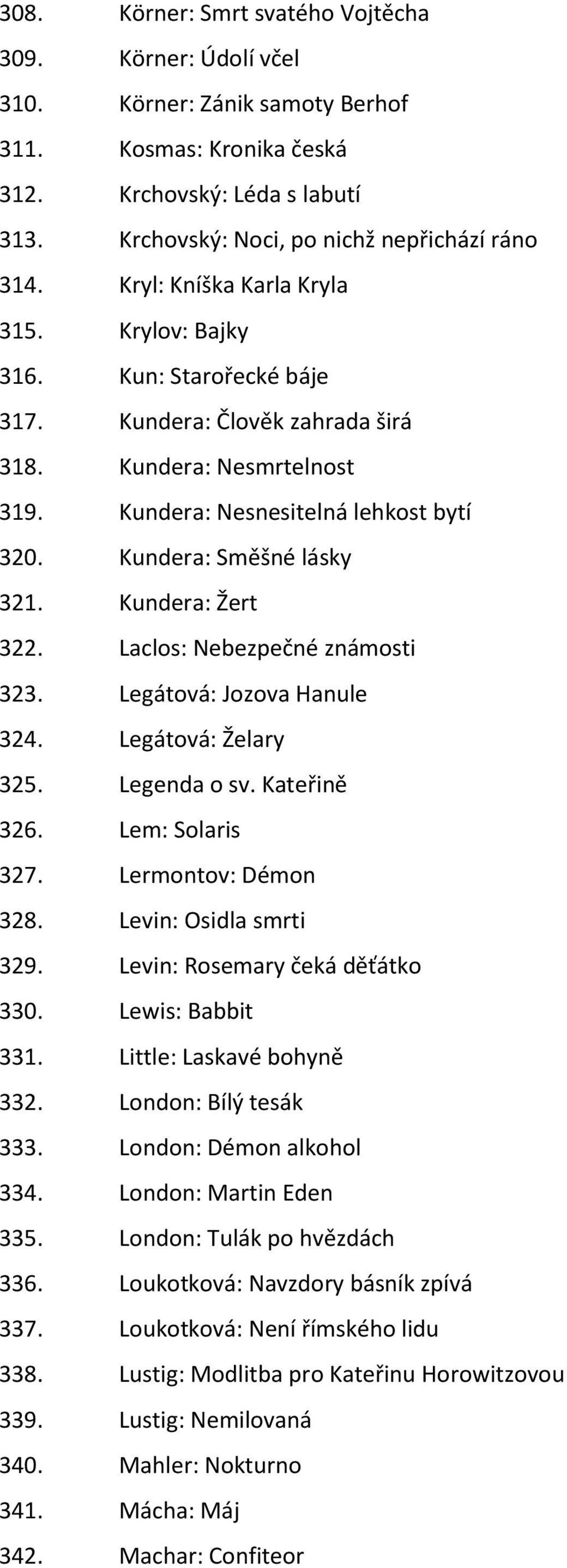 Kundera: Směšné lásky 321. Kundera: Žert 322. Laclos: Nebezpečné známosti 323. Legátová: Jozova Hanule 324. Legátová: Želary 325. Legenda o sv. Kateřině 326. Lem: Solaris 327. Lermontov: Démon 328.