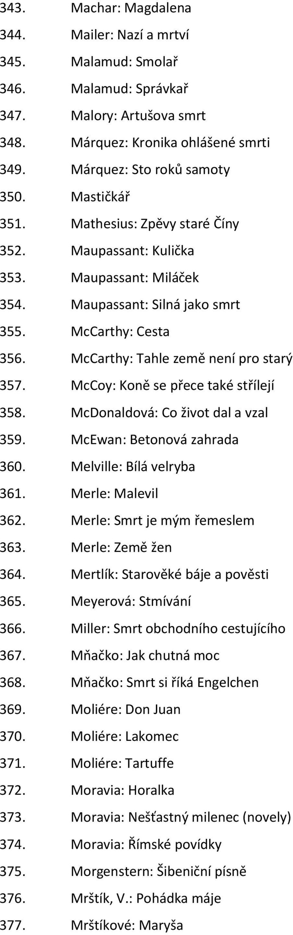 McCoy: Koně se přece také střílejí 358. McDonaldová: Co život dal a vzal 359. McEwan: Betonová zahrada 360. Melville: Bílá velryba 361. Merle: Malevil 362. Merle: Smrt je mým řemeslem 363.