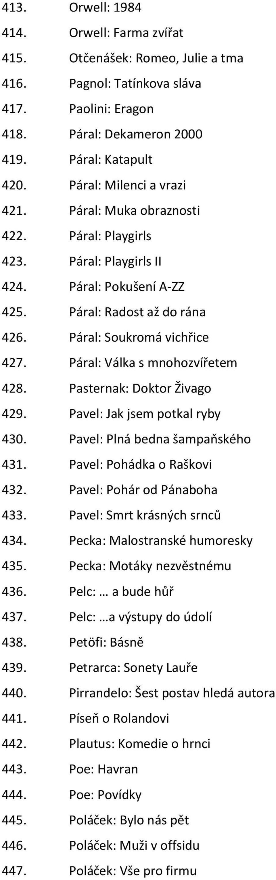 Páral: Válka s mnohozvířetem 428. Pasternak: Doktor Živago 429. Pavel: Jak jsem potkal ryby 430. Pavel: Plná bedna šampaňského 431. Pavel: Pohádka o Raškovi 432. Pavel: Pohár od Pánaboha 433.