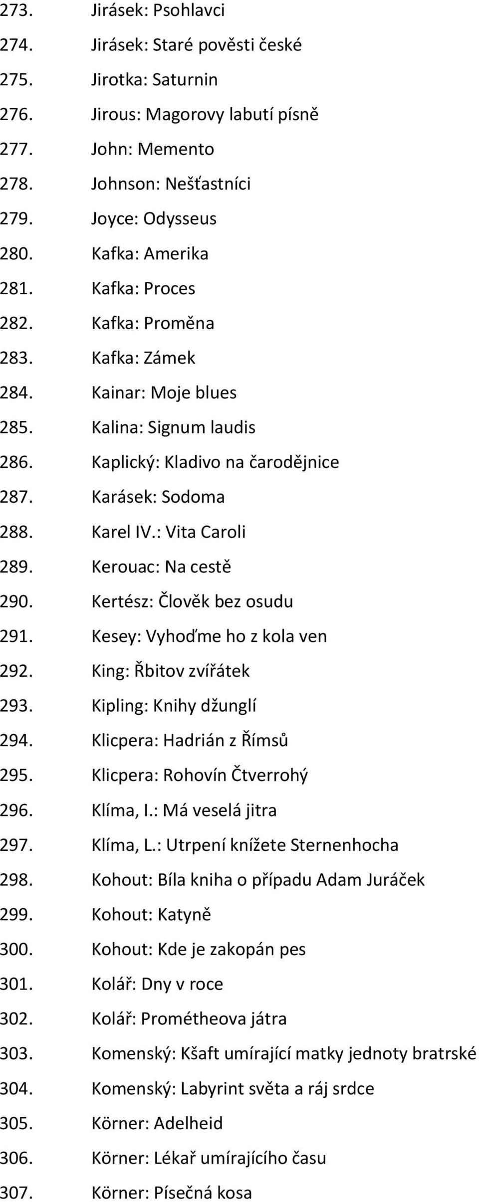 : Vita Caroli 289. Kerouac: Na cestě 290. Kertész: Člověk bez osudu 291. Kesey: Vyhoďme ho z kola ven 292. King: Řbitov zvířátek 293. Kipling: Knihy džunglí 294. Klicpera: Hadrián z Římsů 295.