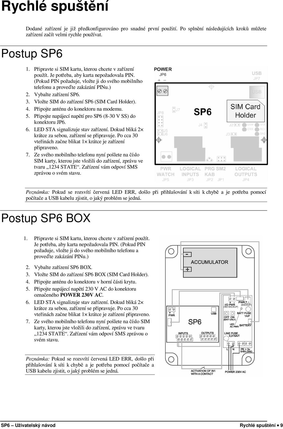 Vybalte zařízení SP6. 3. Vložte SIM do zařízení SP6 (SIM Card Holder). 4. Připojte anténu do konektoru na modemu. 5. Připojte napájecí napětí pro SP6 (8-30 V SS) do konektoru JP6. 6.