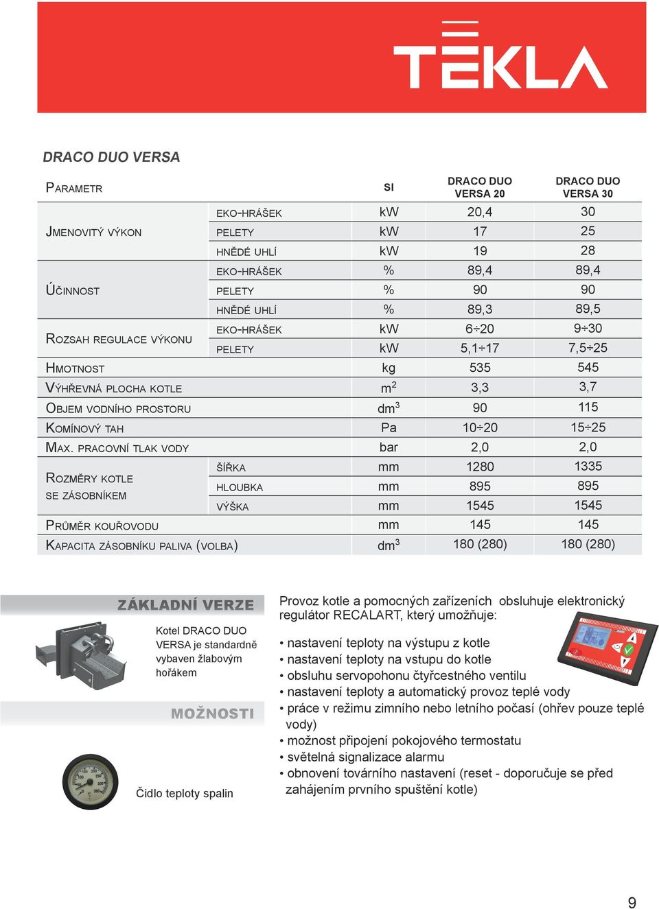 pracovní tlak vody bar 2,0 2,0 šířka mm 1280 1335 Rozměry kotle hloubka mm 895 895 se zásobníkem výška mm 1545 1545 Průměr kouřovodu mm 145 145 Kapacita zásobníku paliva (volba) dm 3 180 (280) 180