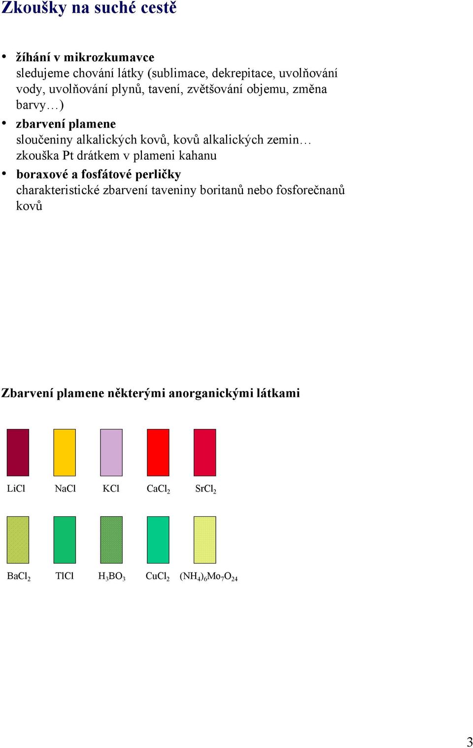 Pt drátkem v plameni kahanu boraxové a fosfátové perličky charakteristické zbarvení taveniny boritanů nebo fosforečnanů kovů