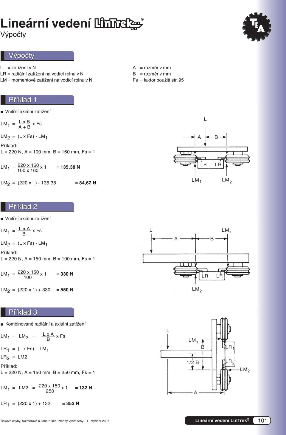 135,38 N = 84,62 N Příklad 2 Vnitřní axiální zatížení LM 1 = L x A x Fs B LM 2 = (L x Fs) - LM 1 Příklad: L = 220 N, A = 150 mm, B = 100 mm, Fs = 1 LM 1 = 220 x 150 x 1 100 LM 2 = (220 x 1) + 330 =