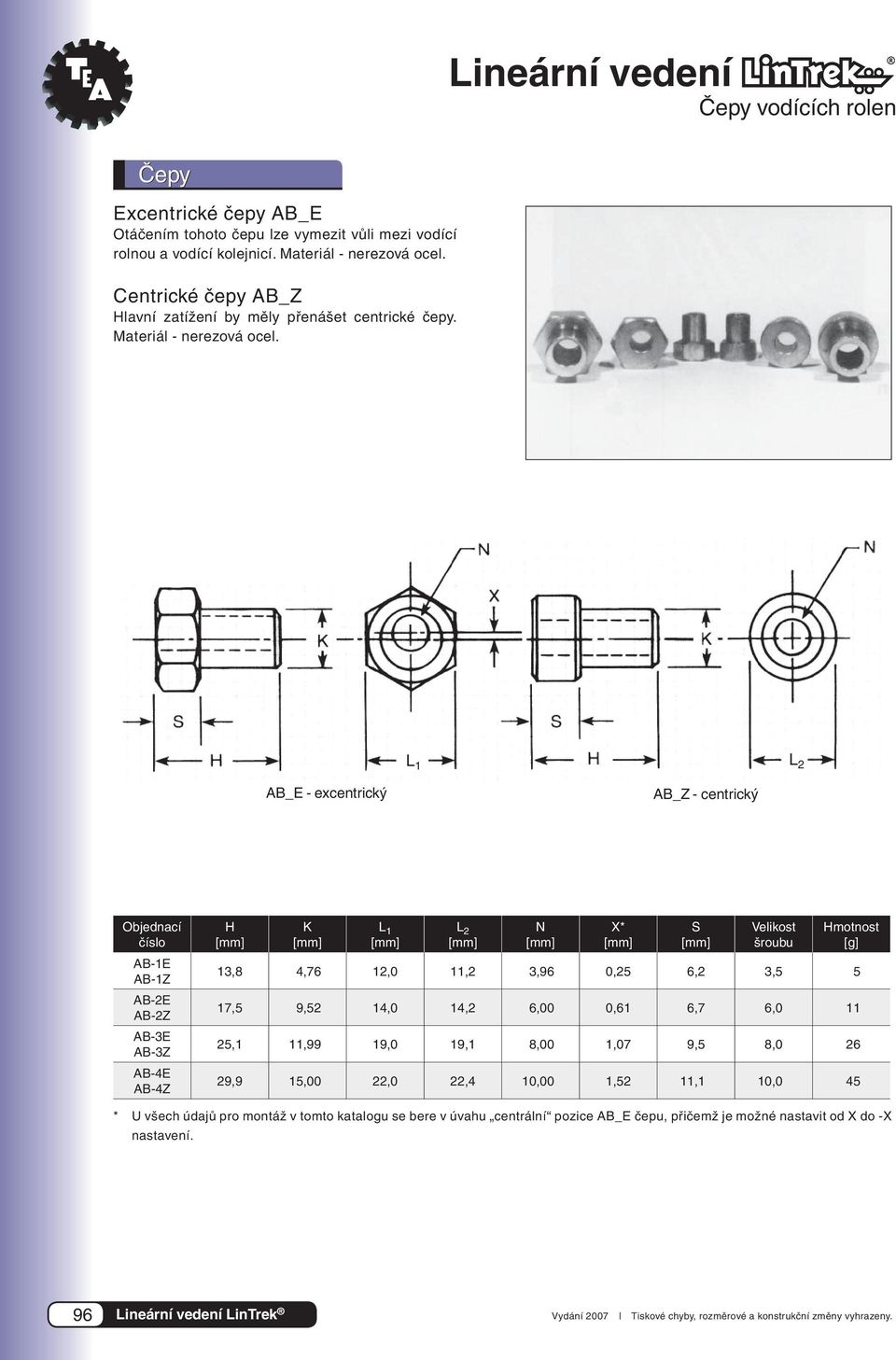 L 1 L 2 AB_E - excentrický AB_Z - centrický Objednací číslo AB-1E AB-1Z AB-2E AB-2Z AB-3E AB-3Z AB-4E AB-4Z H K L 1 L 2 N X* S Velikost šroubu Hmotnost [g] 13,8 4,76 12,0 11,2 3,96 0,25 6,2 3,5 5