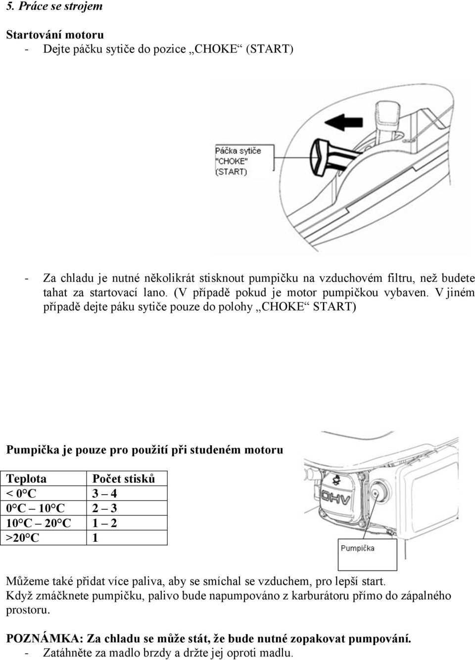 V jiném případě dejte páku sytiče pouze do polohy CHOKE START) Pumpička je pouze pro použití při studeném motoru Teplota Počet stisků < 0 C 3 4 0 C 10 C 2 3 10 C 20 C 1 2 >20 C