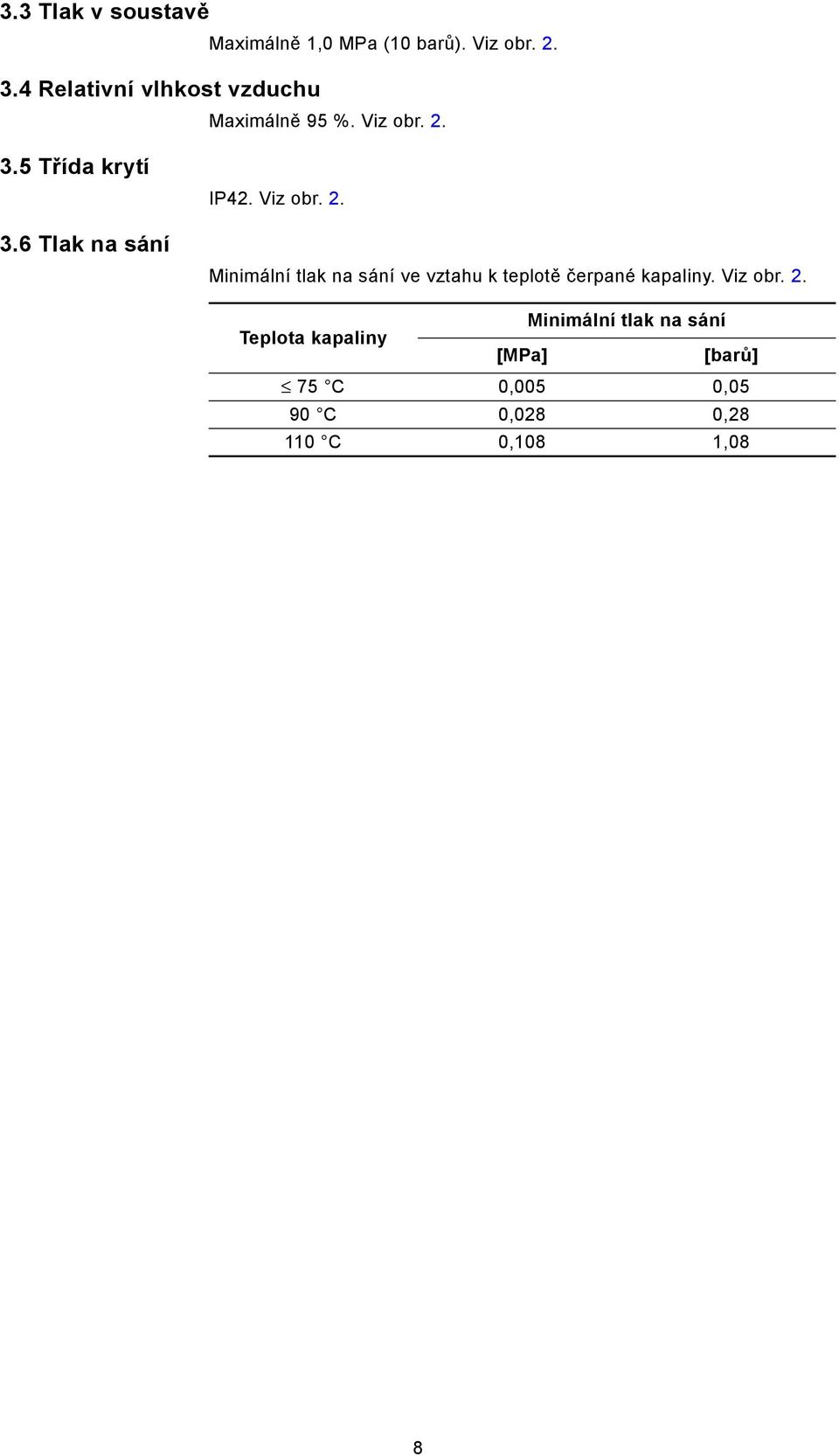 3.5 Třída krytí 3.6 Tlak na sání IP42. Viz obr. 2.