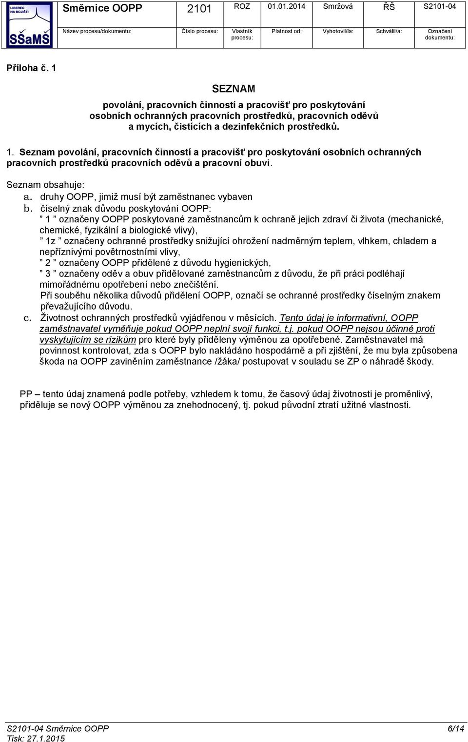 Seznam povolání, pracovních činností a pracovišť pro poskytování osobních ochranných pracovních prostředků pracovních oděvů a pracovní obuvi. Seznam obsahuje: a.