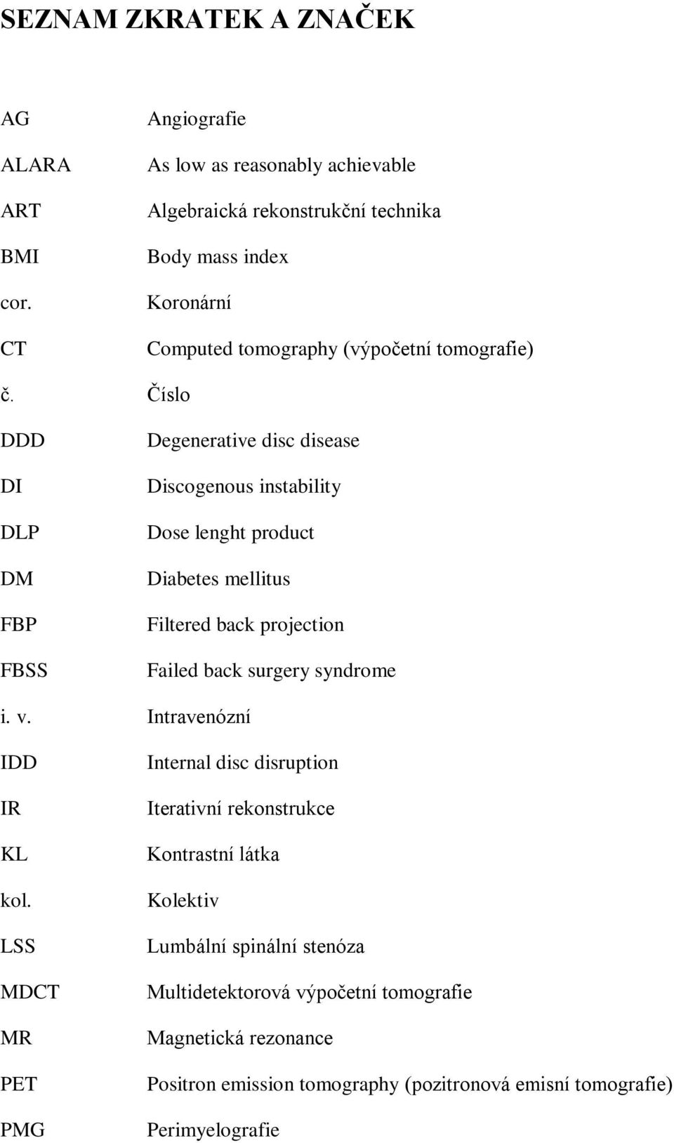 Číslo DDD DI DLP DM FBP FBSS Degenerative disc disease Discogenous instability Dose lenght product Diabetes mellitus Filtered back projection Failed back surgery