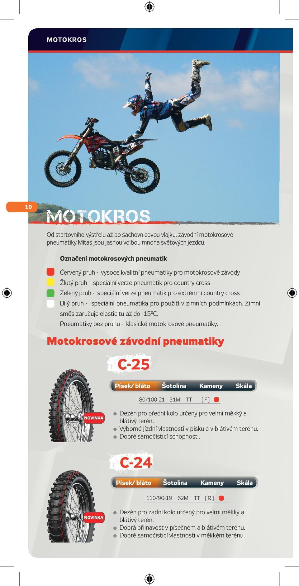 extrémní country cross Bílý pruh - speciální pneumatika pro použití v zimních podmínkách. Zimní směs zaručuje elasticitu až do -15 C. Pneumatiky bez pruhu - klasické motokrosové pneumatiky.