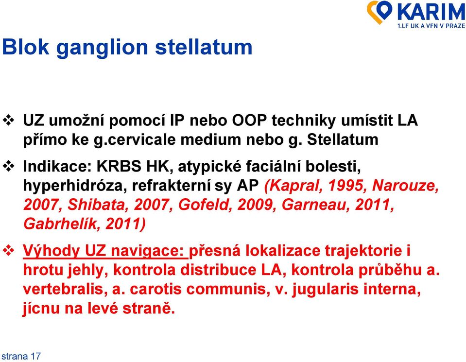 Shibata, 2007, Gofeld, 2009, Garneau, 2011, Gabrhelík, 2011) Výhody UZ navigace: přesná lokalizace trajektorie i hrotu